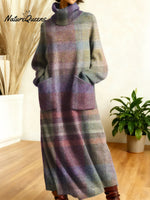 Women's Retro Colors And Plaid Patterns Art High-neck Long-sleeve Casual Loose Knit Dress
