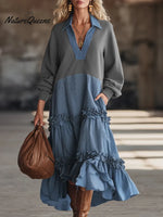 Women's Striped Print Color-blocked V-neck Long-sleeved Casual Loose Dress