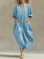 Women's Solid Color V-neck 3/4 Sleeve Casual Loose Cotton And Linen Dress