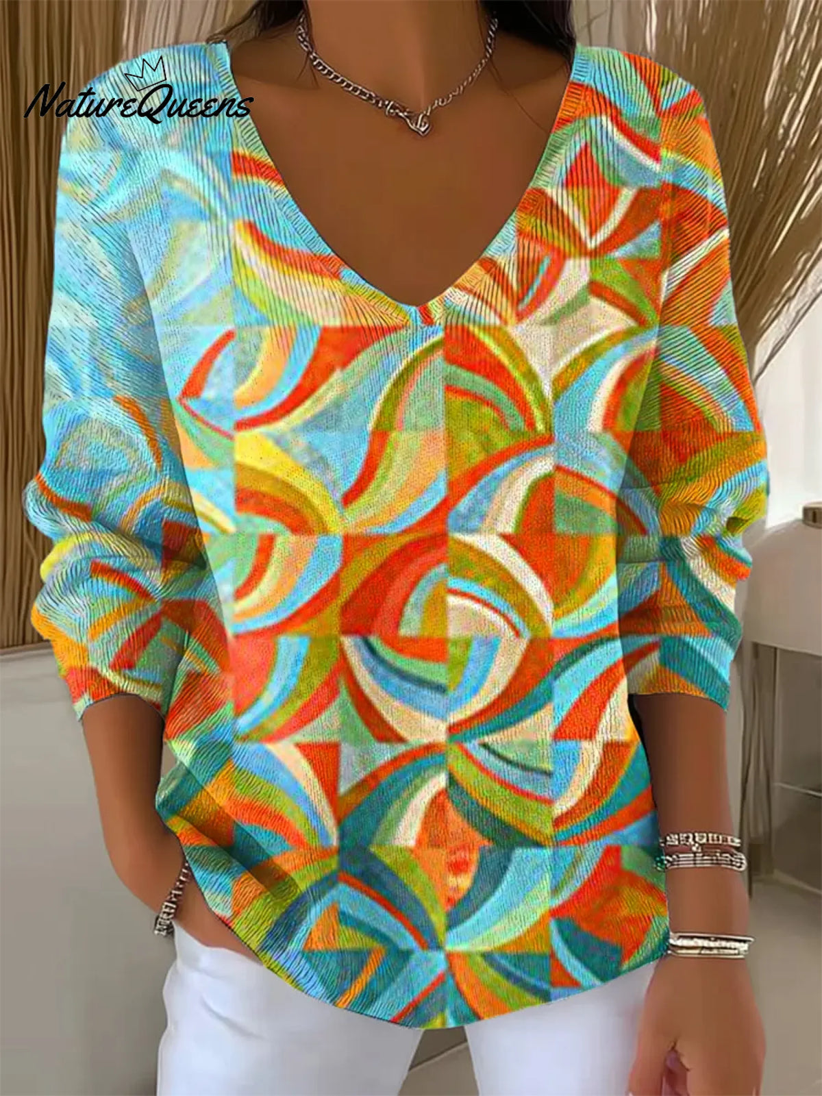 Women's Vintage Abstract Geometric Art Print Casual Pullover Sweater