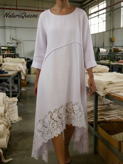 Elegant Cozy Flowy Lace-patch Linen Dress