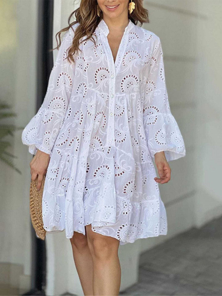 Women's Solid-color V-neck Loose-fit Dress With Embroidery And Cutout Lace