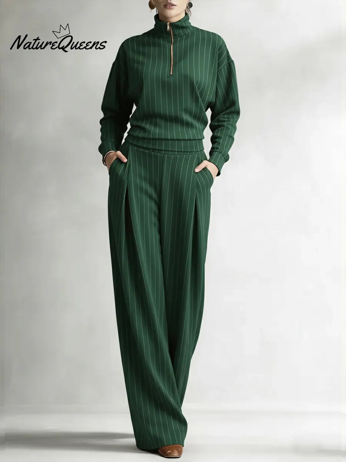 Women's Striped Stretch Cotton Half-zip Top And Wide-leg Pants Two-piece Set