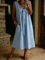 Casual Loose-fitting Patchwork Lace Trim Linen And Cotton Sleeveless Dress