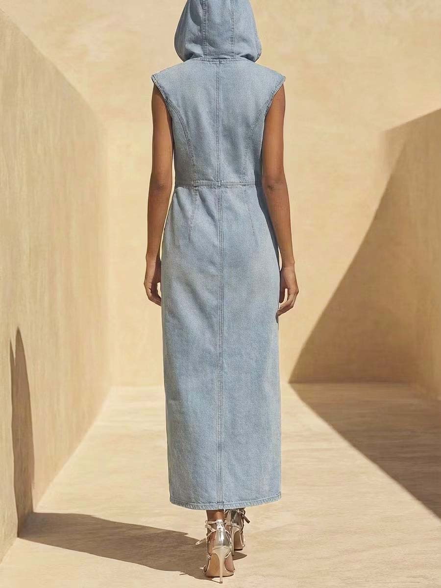 Women's Hooded Art Sleeveless Casual Stylish Zip Denim Dress
