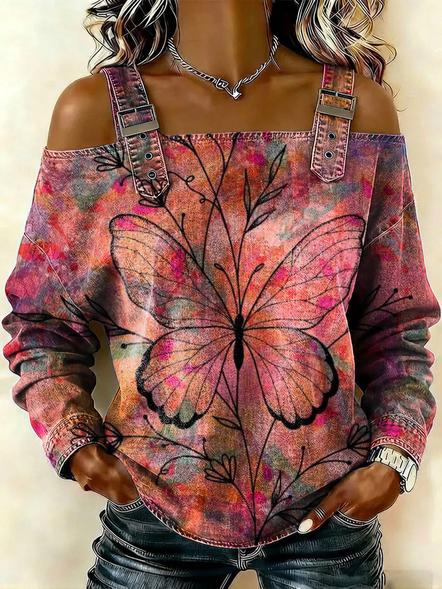 Women‘s Vintage Dreamy Gradient Butterfly Print Casual Cotton Denim Shirt