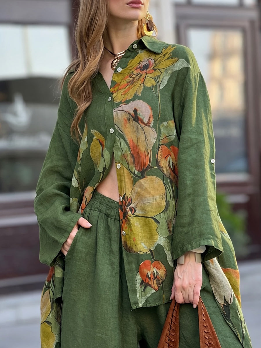 Two-piece Set Featuring A Loose, Casual Printed Linen-cotton Shirt And Solid-colored Trousers.