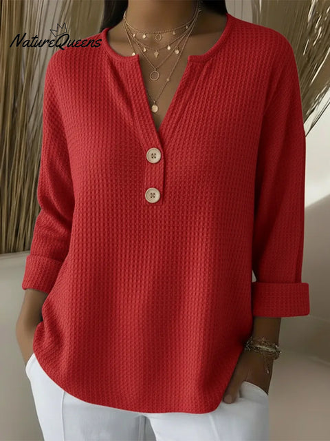 Classic V-neck Button-down Waffle Sweater