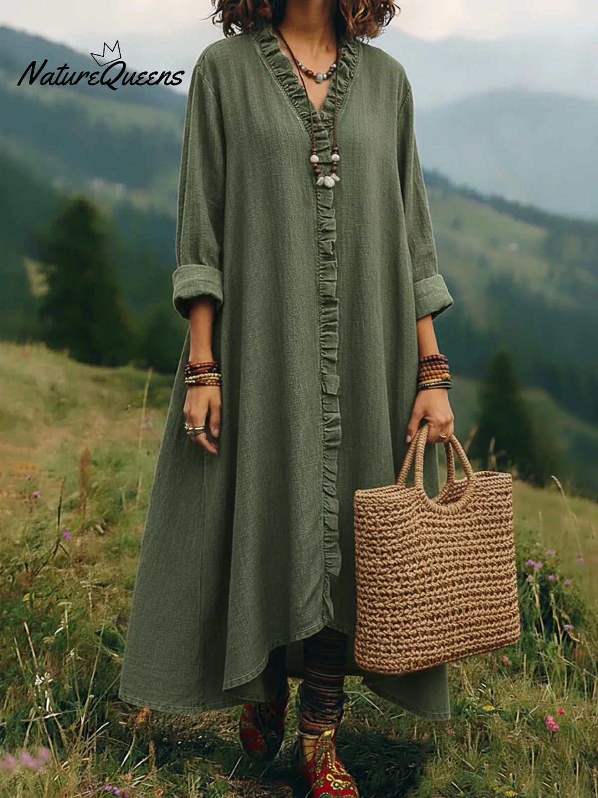 Boho Style Casual Lace V-neck A-line Cotton Dress