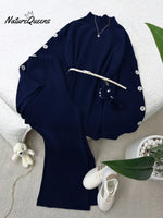 Women's Solid Color High-neck Long-sleeve Casual Loose Knit Top And High-waisted Wide-leg Pants Set