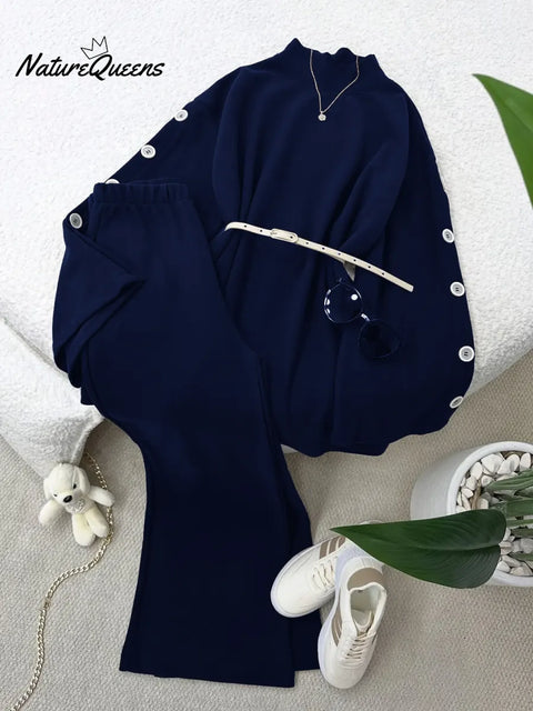 Women's Solid Color High-neck Long-sleeve Casual Loose Knit Top And High-waisted Wide-leg Pants Set