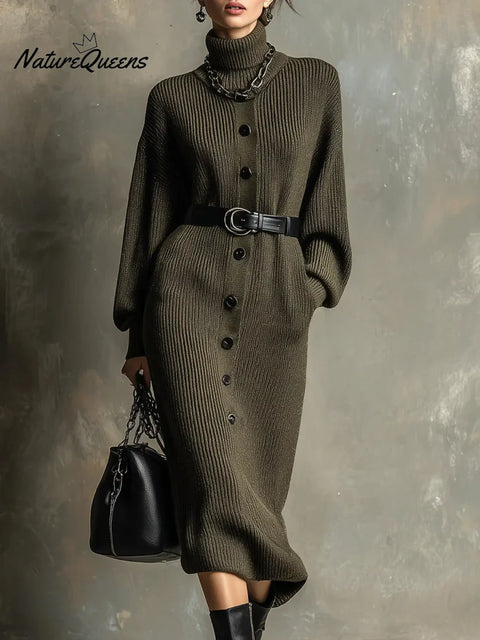 Women's Solid Color Turtleneck Long Sleeve Casual Loose Knit Dress