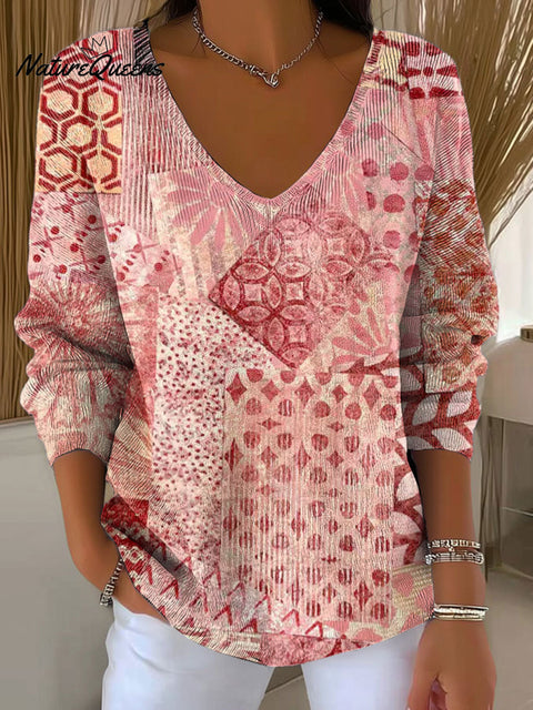Women's Retro Ethnic Patterns Art V-neck Solid Color Loose Shiny Sweater
