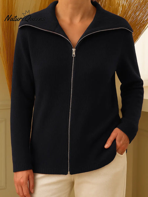 Women's Solid Color Collared Long-Sleeved Casual Loose Knit Zipper Cardigan