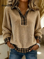 Women's Plaid Color-blocked Cardigan Collar Long-sleeved Casual Loose Sweatshirt