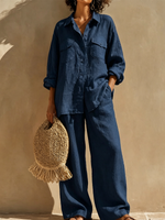 Two-piece Set Featuring A Loose-fit, Long-sleeved Cotton-linen Shirt With A Collar And Dual Patch Pockets, Paired With High-waisted Wide-leg Trousers.