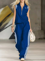 Women's Casual Patchwork Striped Zip-up Top And Pants Two-piece Set