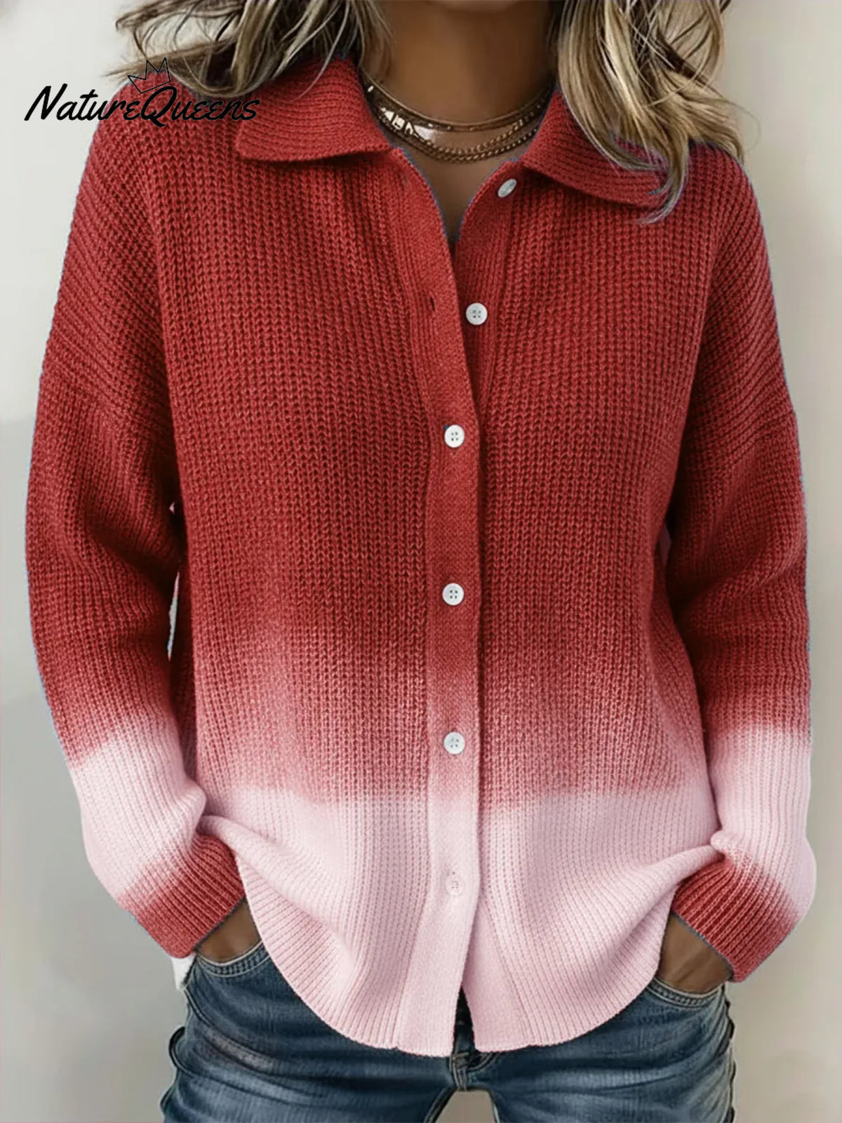 Casual Gradient Blue Shirt Button Knit Sweater