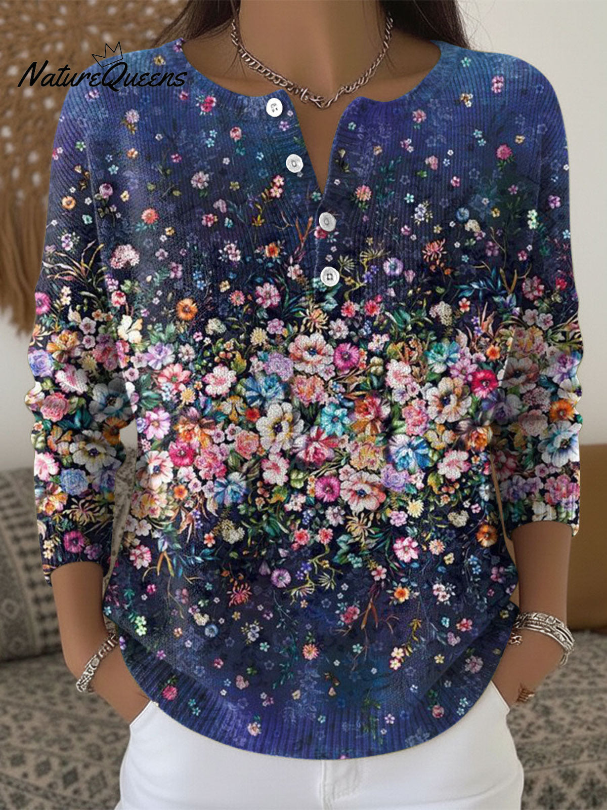 Women's Retro Floral Flowers Pattern Art Print Buttoned Cardigan Sweater