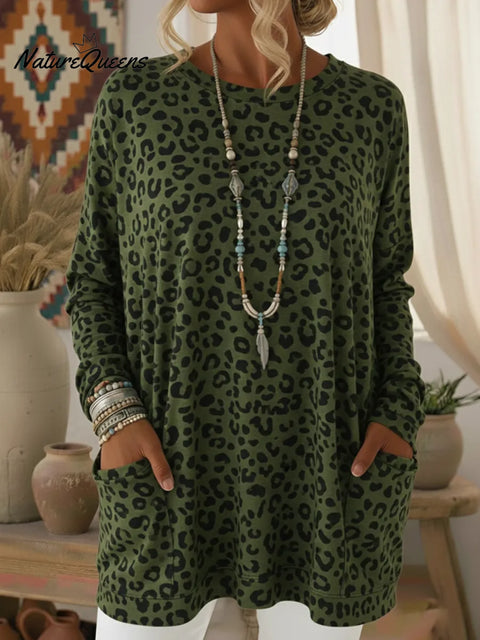 Casual Cozy Leopard Print Pocket Top