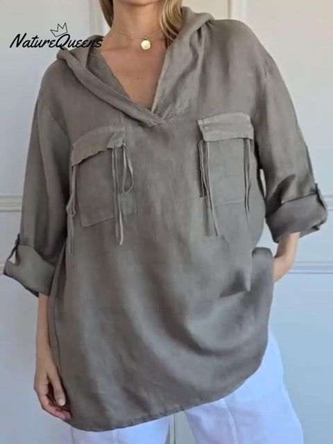 Women's Casual Pocket Cotton and Linen Hooded Top