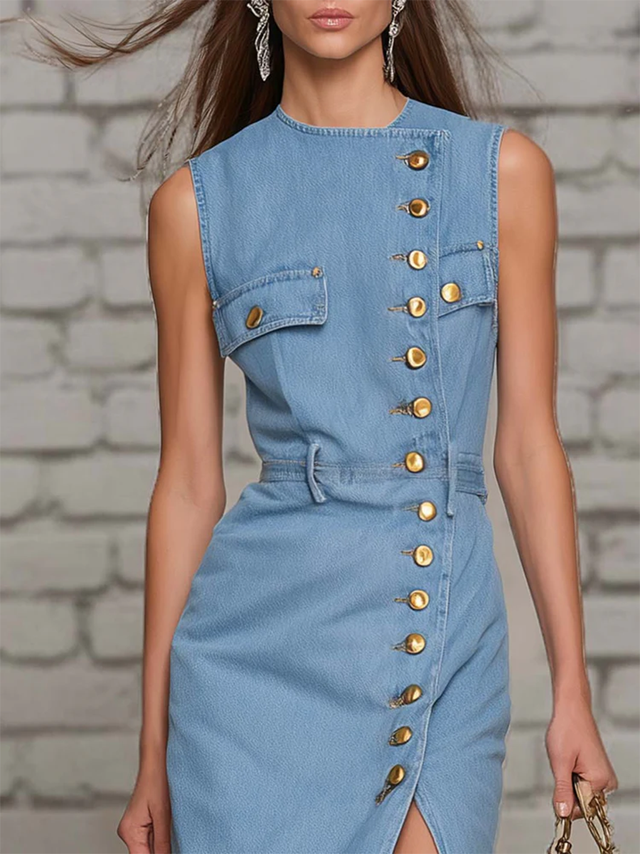 Stylish Button Slit-design Denim Dress
