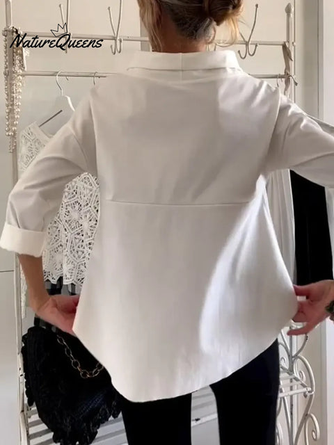 Women's Solid Color Stand Collar Long-sleeved Casual Loose Cotton Shirt