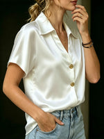 Women's White Satin V-neck Short-sleeve Shirt