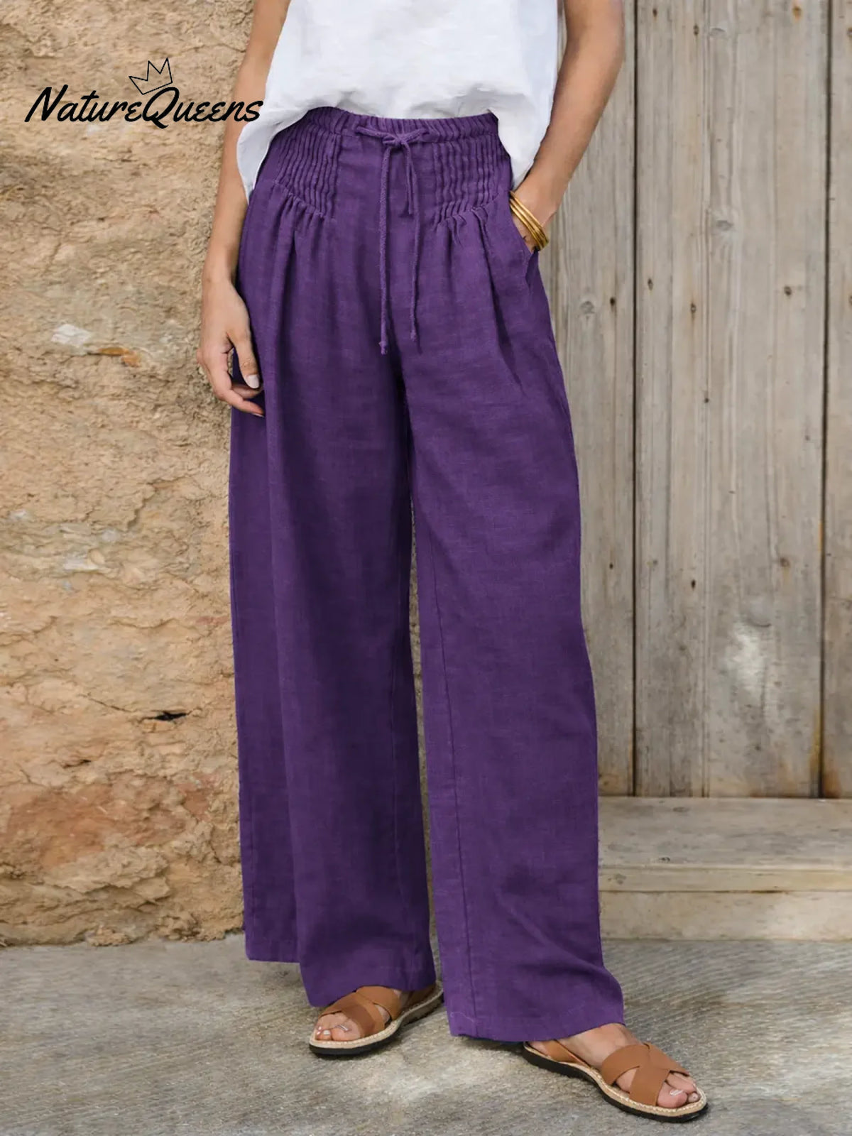 Women's Solid Color High-waisted Pleated Casual Loose Cotton And Linen Wide-leg Pants