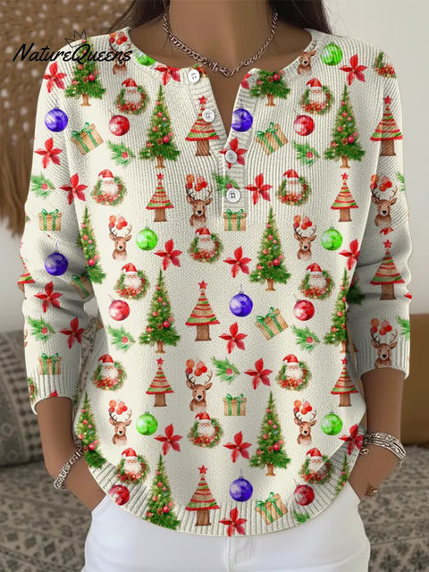 Christmas Cute Pattern Print Buttoned Cardigan Sweater