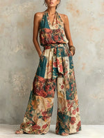 Retro Patchwork Floral Halter-neck Sleeveless Top + Elastic-waist Wide-leg Cotton-linen Pants Two-piece Set