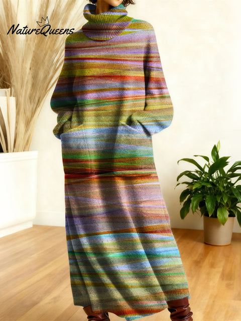 Women's Geometry Color Stripe Gradient Art High-neck Long-sleeve Casual Loose Knit Dress