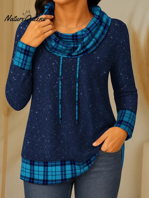 Women's Plaid Print Splicing Drawstring Collar Long Sleeve Casual Loose Top