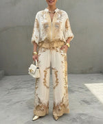 Stylish & Casual Retro-print Two-piece Set: Zip-up Top And Pants