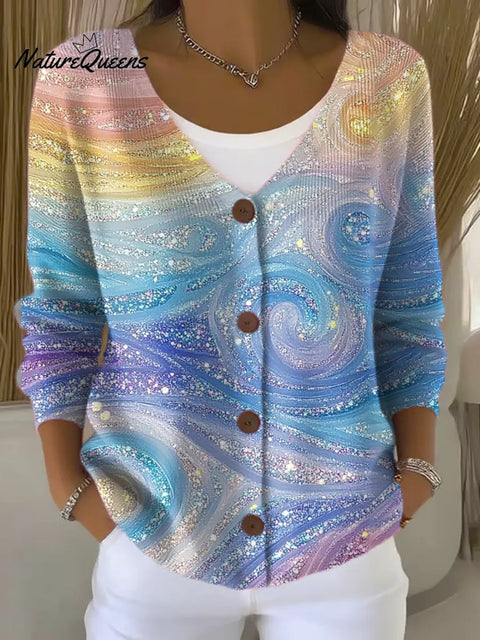 Gradient Colorful Art Print Buttoned V-neck Cardigan Sweater