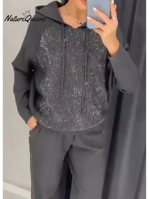 Women's Casual Shiny Cotton Hooded Sweatshirt And Pants Two-piece Set