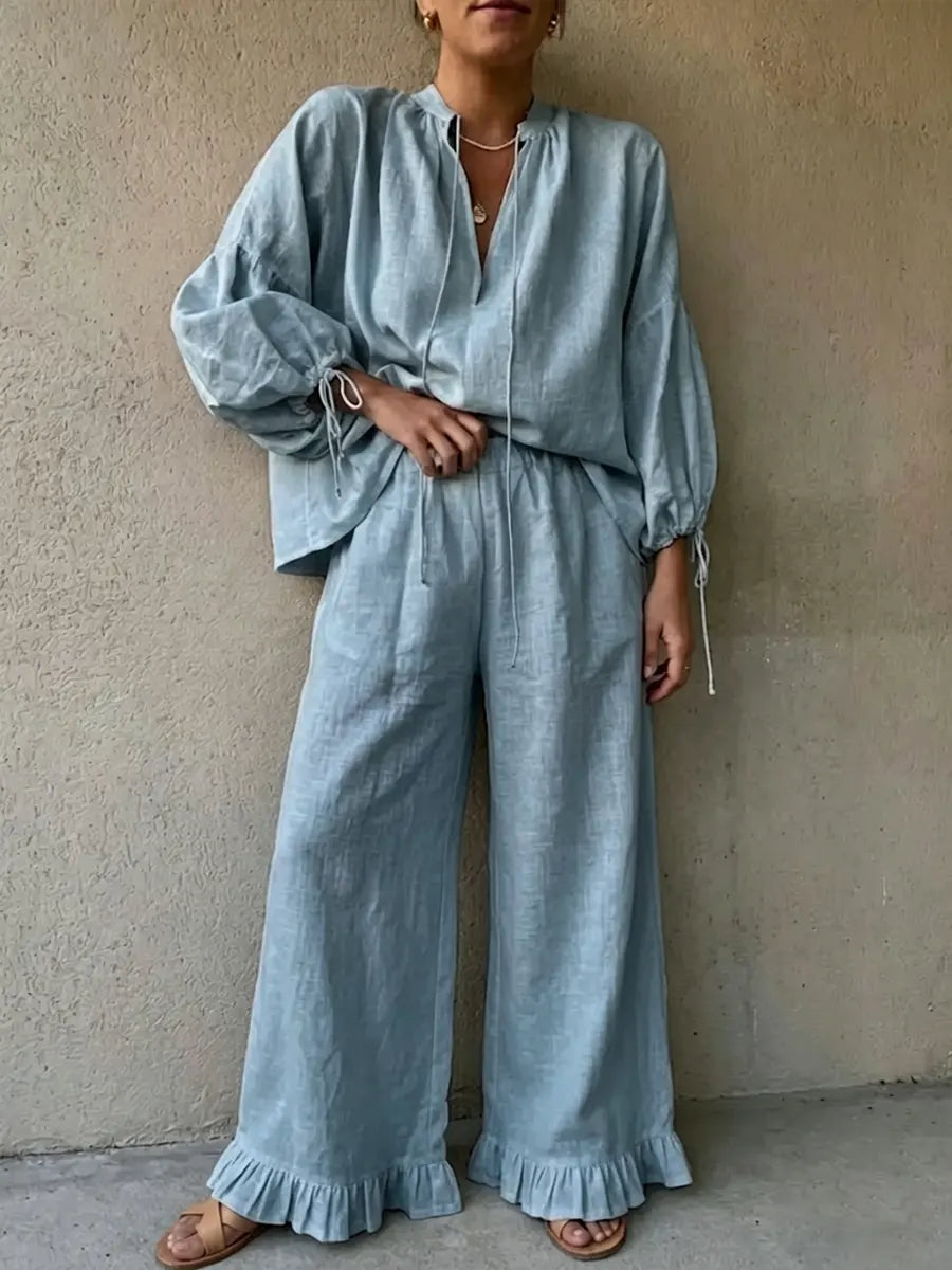Women's Linen Ruffle Wide-leg Pants Suit