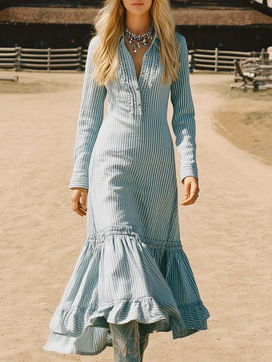 Women's Retro Fashion Lapel Ruffle Skirt Striped Dress