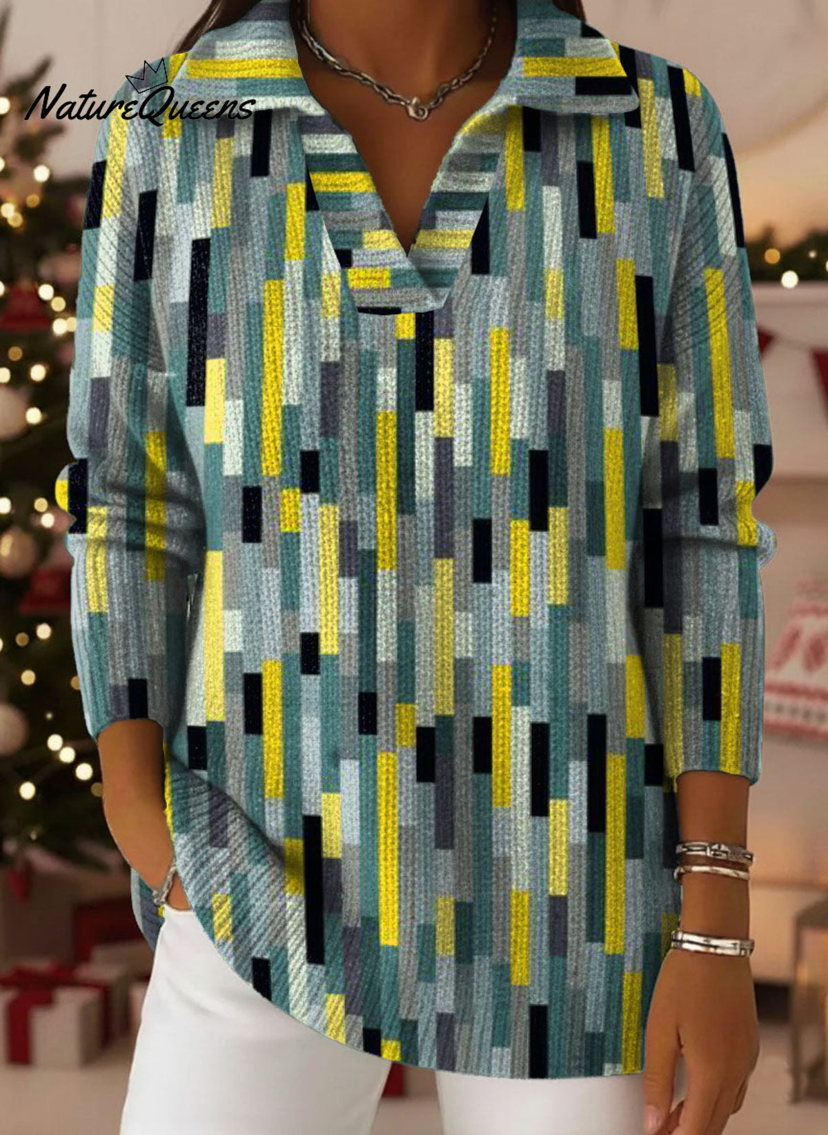 Geometric Vertical Stripe Decorative Pattern Women's Casual Shirt Collar Long Sleeve Sweater