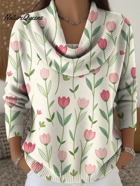 Women's Retro Cute Colorful Little Flowers Print Cowl Neck Sweater