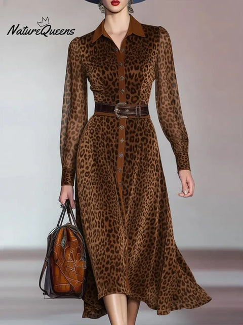 Women's Elegant Leopard Print Shirt Dress