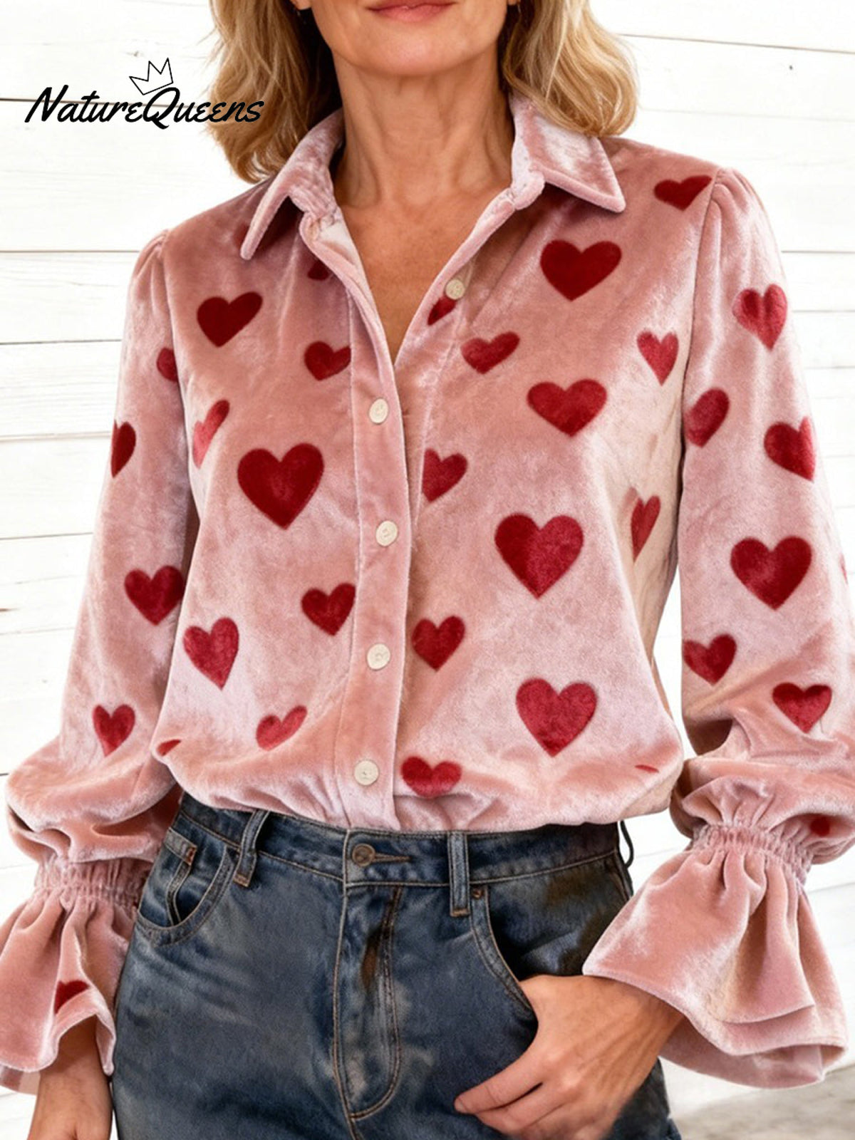Women's Vintage Love Print Casual Velvet Valentine's Day Shirt