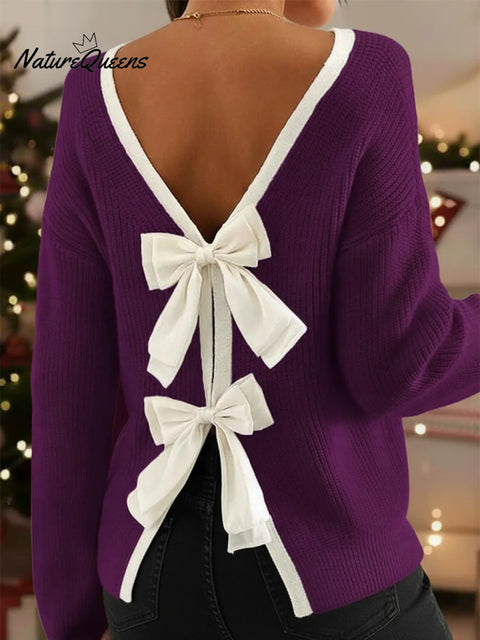 Elegant Color-blocked Trim Bow Sweater Pullover