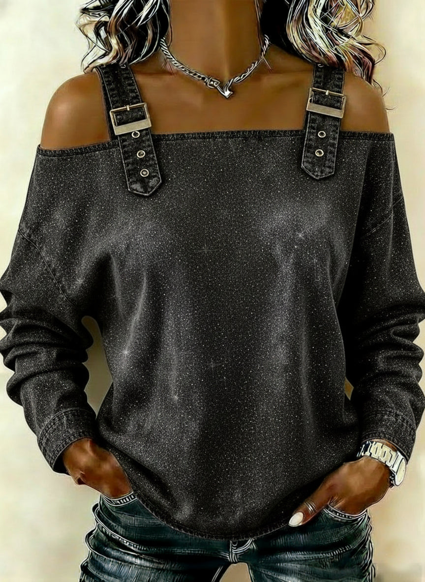 Casual Shimmering Shoulder Straps Denim Shirt Tops