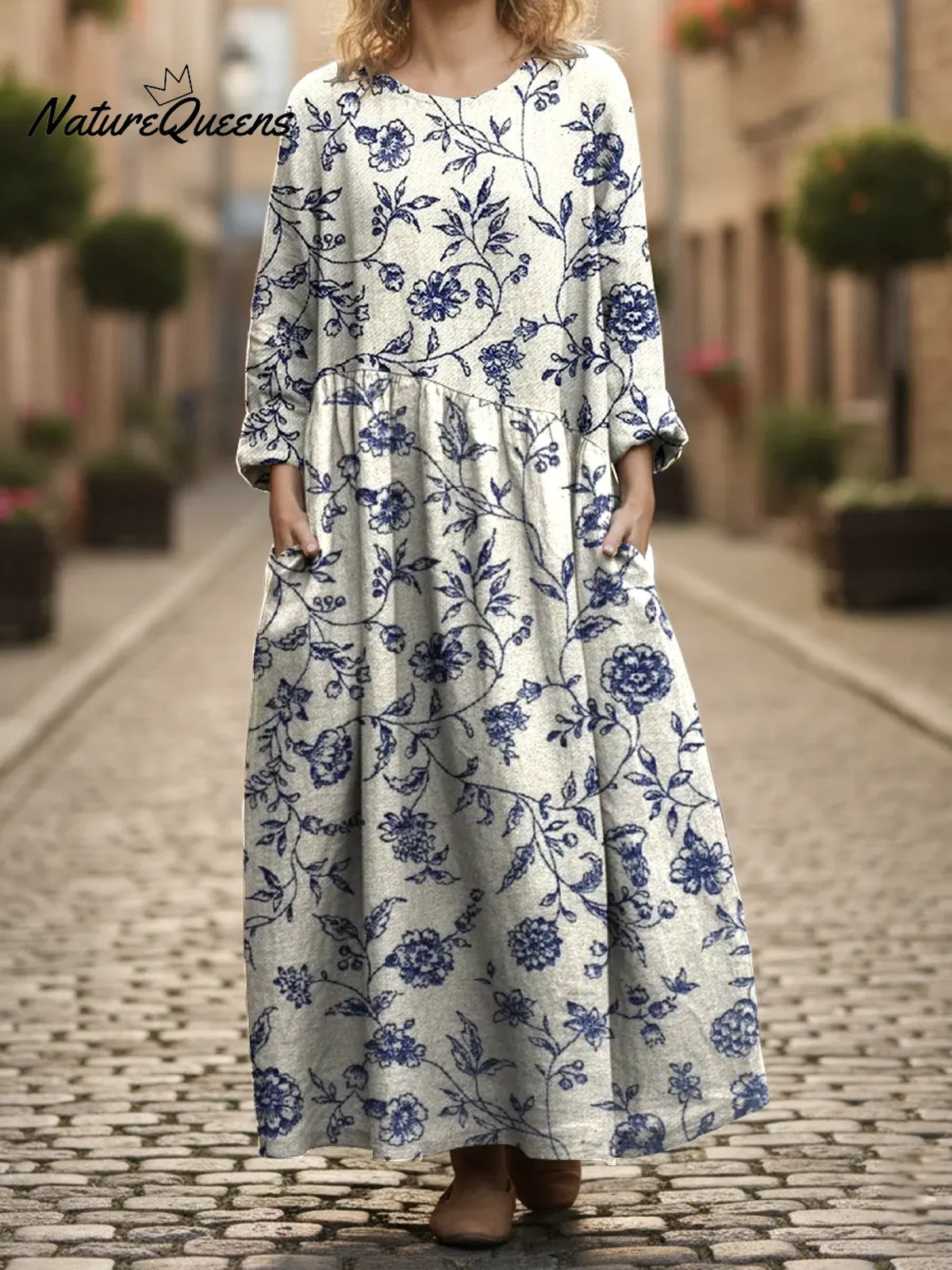 Women's Minimalist Floral Art Print Pocket Cotton Dress