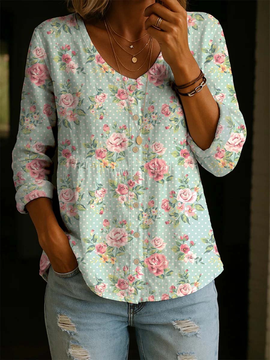 Women's Retro Flowers Print Casual Cotton Shirt