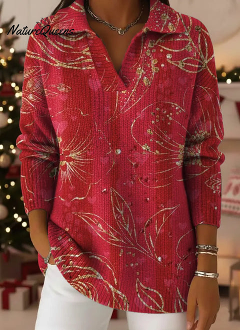 Red Folwer Print Lapel Casual Knit Sweater