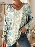 Women's Floral Pattern Art Print V-neck Casual Cotton T-shirt