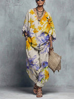 Watercolor Yellow Purple Floral Deep V Batwing Sleeve Top & Cuffed Harem Pant Linen Set