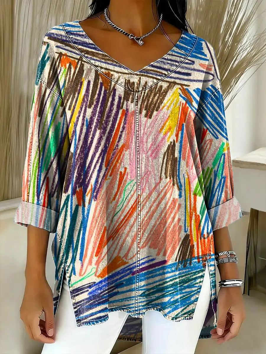 Women's Abstract Pattern Art Print Casual Denim Shirt